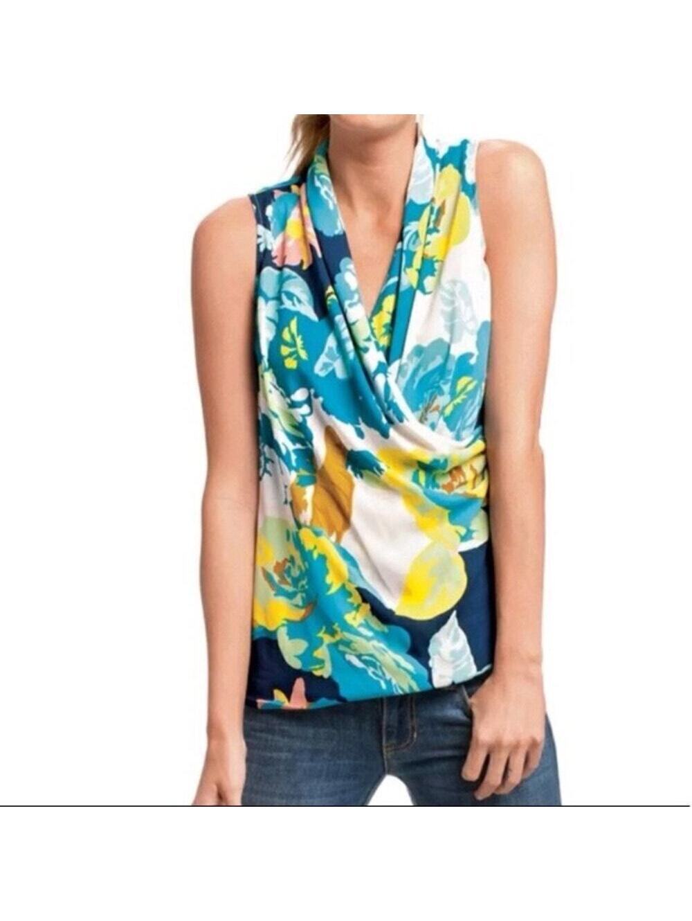 Cabi EUC Women's Spring Blossom Floral Blouse Draped Faux Wrap Size M